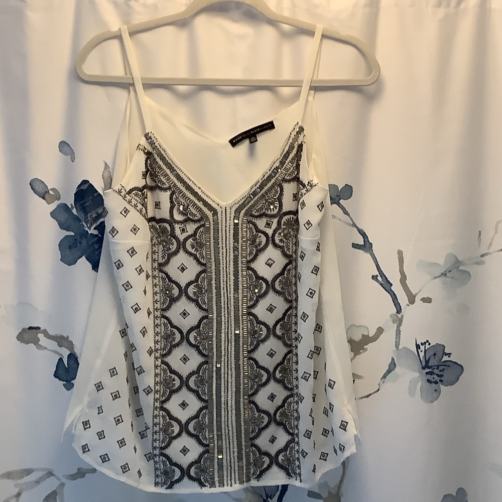WHBM Elegant White and Dark Gray Beaded Patterned Women's Top